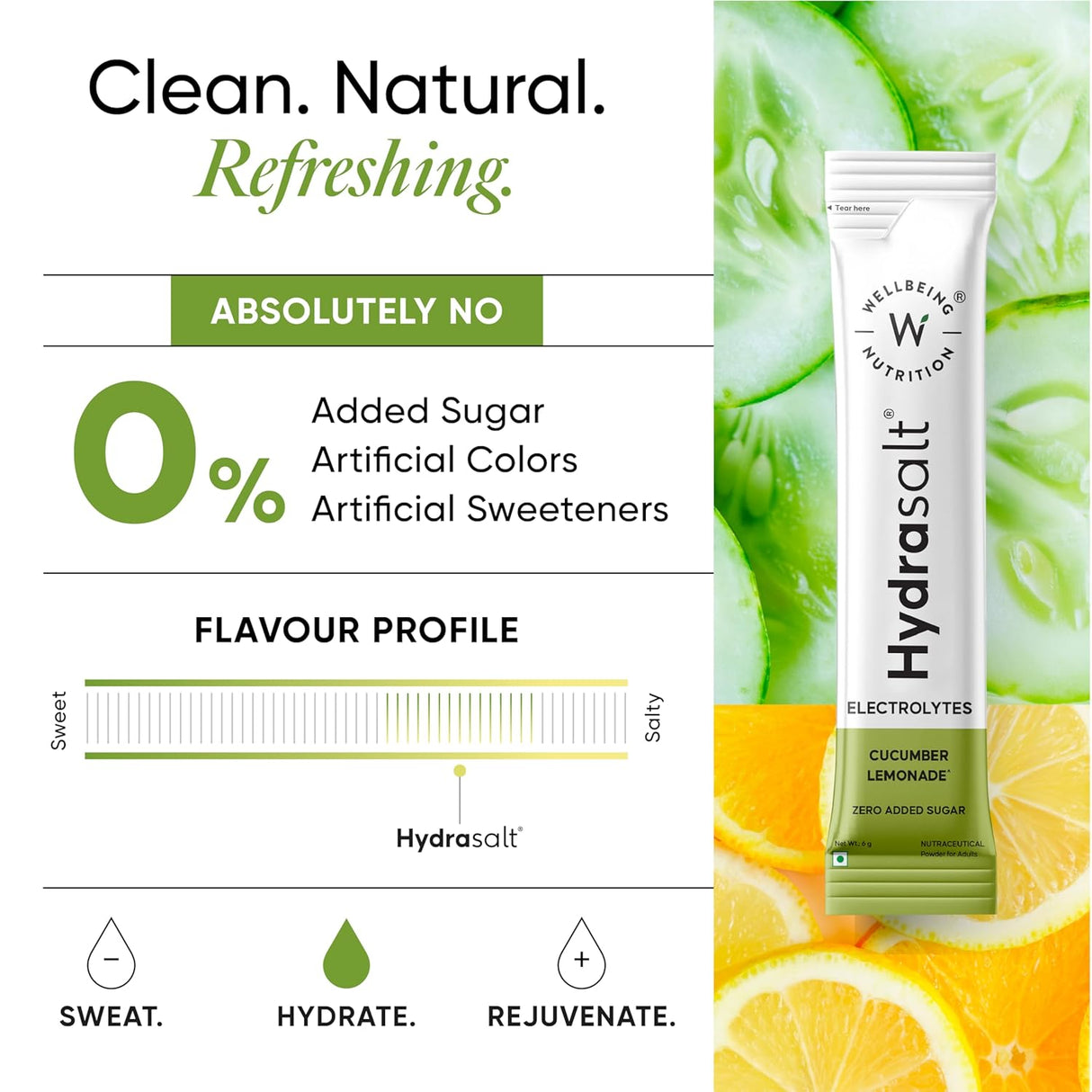 Wellbeing Nutrition HydraSalt Electrolyte Drink with Zero Added Sugar | 5 Electrolytes & 3 Vitamins for Instant Hydration, Energy, Performance & Recovery | 90g, Pack of 15