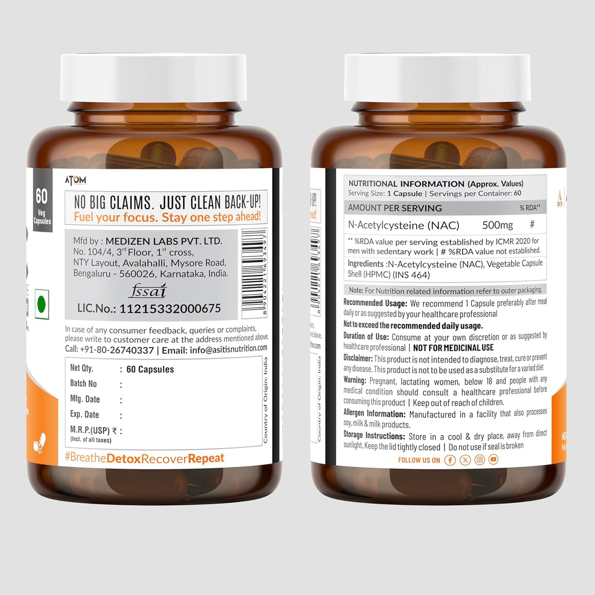 AS-IT-IS ATOM NAC (N-Acetylcysteine) 500mg - 60 Capsules