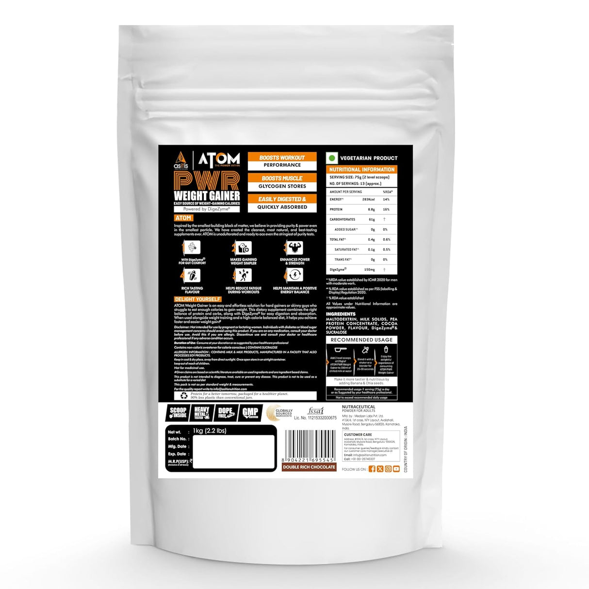 AS-IT-IS ATOM PWR Weight Gainer 1kg | 61.1g Carbs | 8.8g Protein