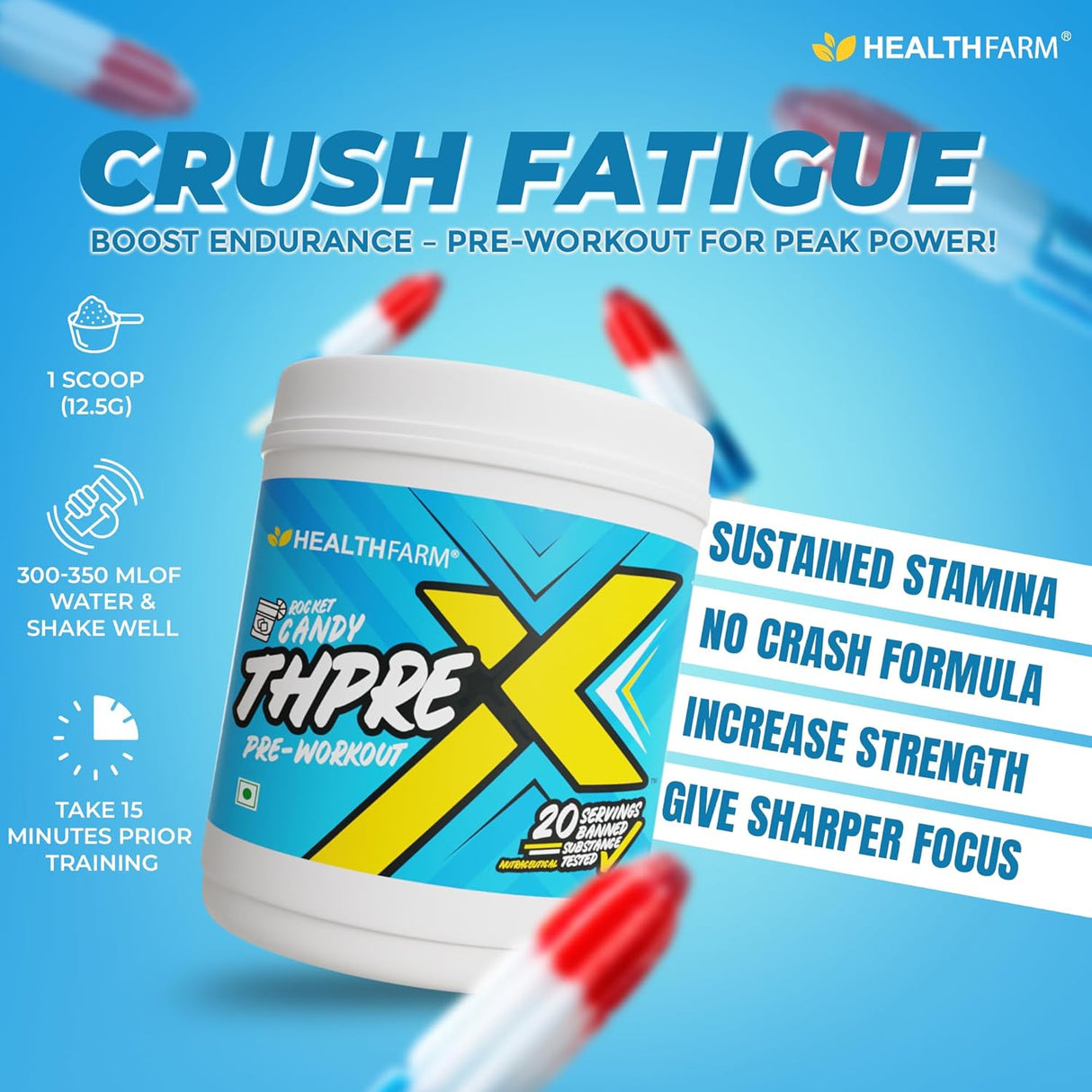 Healthfarm Thpre X Pre-Workout Powder – 40 Servings | Energy, Focus & Hydration Support | 500g