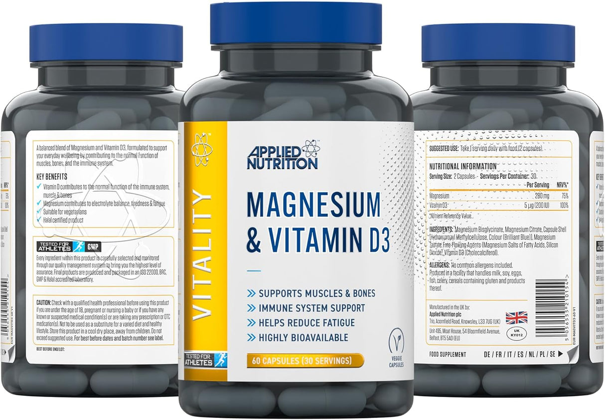 Applied Nutrition Magnesium & Vitamin D3 | 90 Capsules (30 Servings)