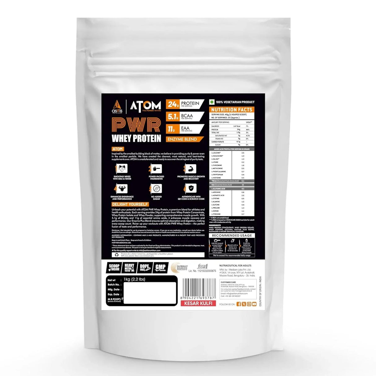AS-IT-IS ATOM PWR Whey Protein 1 Kg + Nutristar Micronized CREA Gold Creatine Monohydrate 250g (83 Servings) - Power & Performance Stack