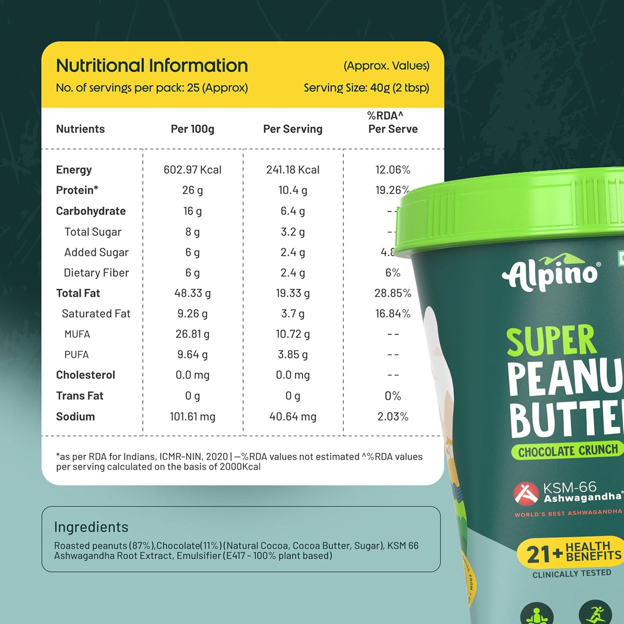 Alpino Super Peanut Butter with KSM-66 Ashwagandha Chocolate Crunch - 1 Kg