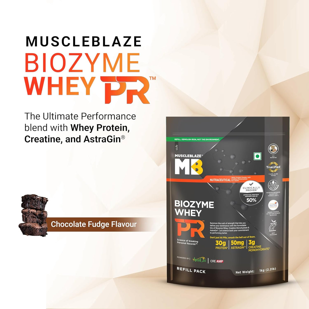 MuscleBlaze Biozyme Performance Whey Protein PR - 2.2 Lbs (Refill Pack)