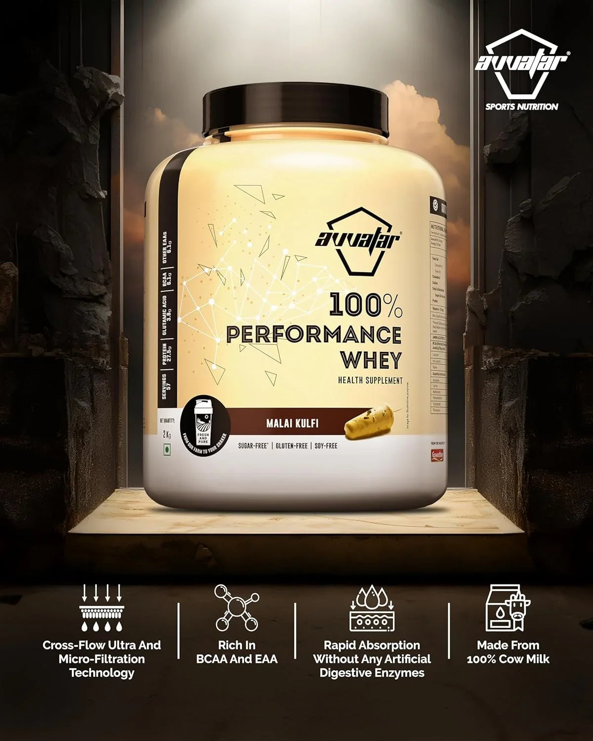 Avvatar 100% Performance Whey 2 Kg + Nutristar Micronized CREA Gold Creatine Monohydrate 250g (83 Servings) - Endurance & Muscle Power Combo
