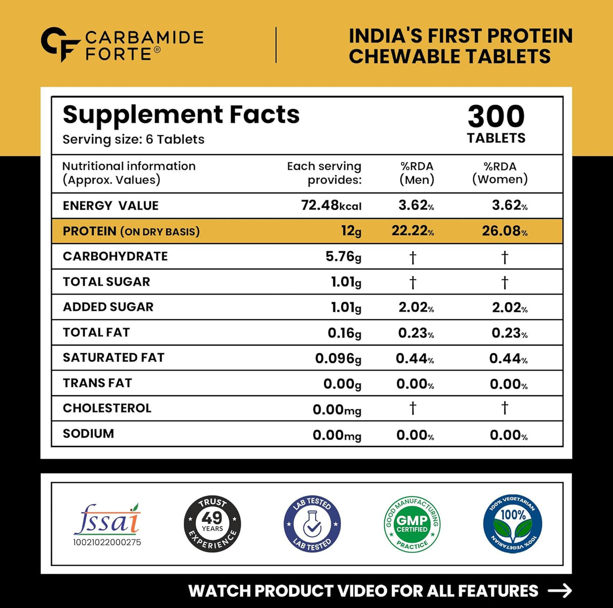 Carbamide Forte Chewable Protein Tablets | 12g Whey Protein | On-the-Go Protein Supplement | 300 Tablets