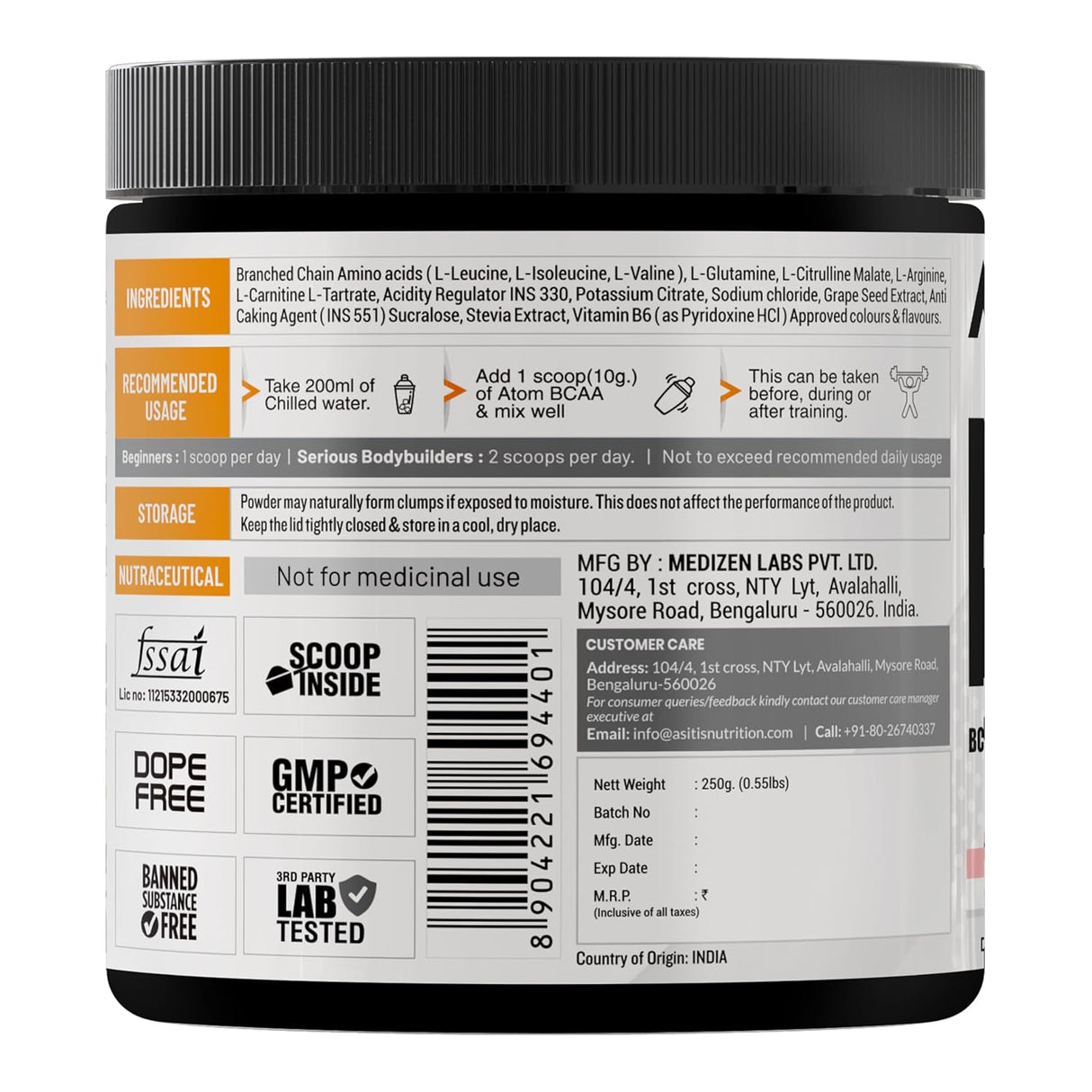 AS-IT-IS ATOM BCAA with L-arginine, L-Carnitine, L-Citrulline - 25 Servings
