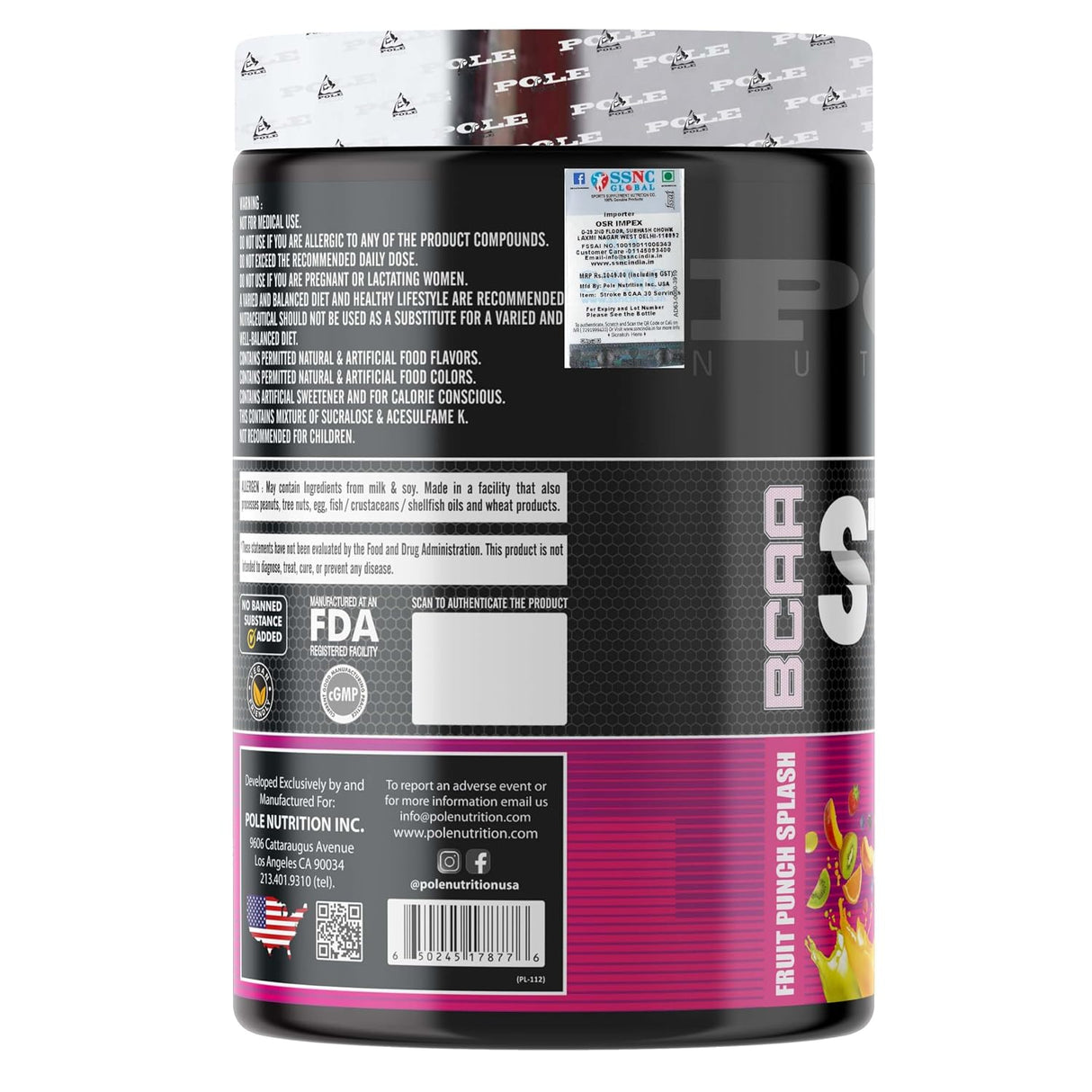Pole Nutrition BCAA Stroke Endurance, Recovery, and Hydration 420g | 2G Citrulline Malate | 2.5g Glutamine | 30 Servings