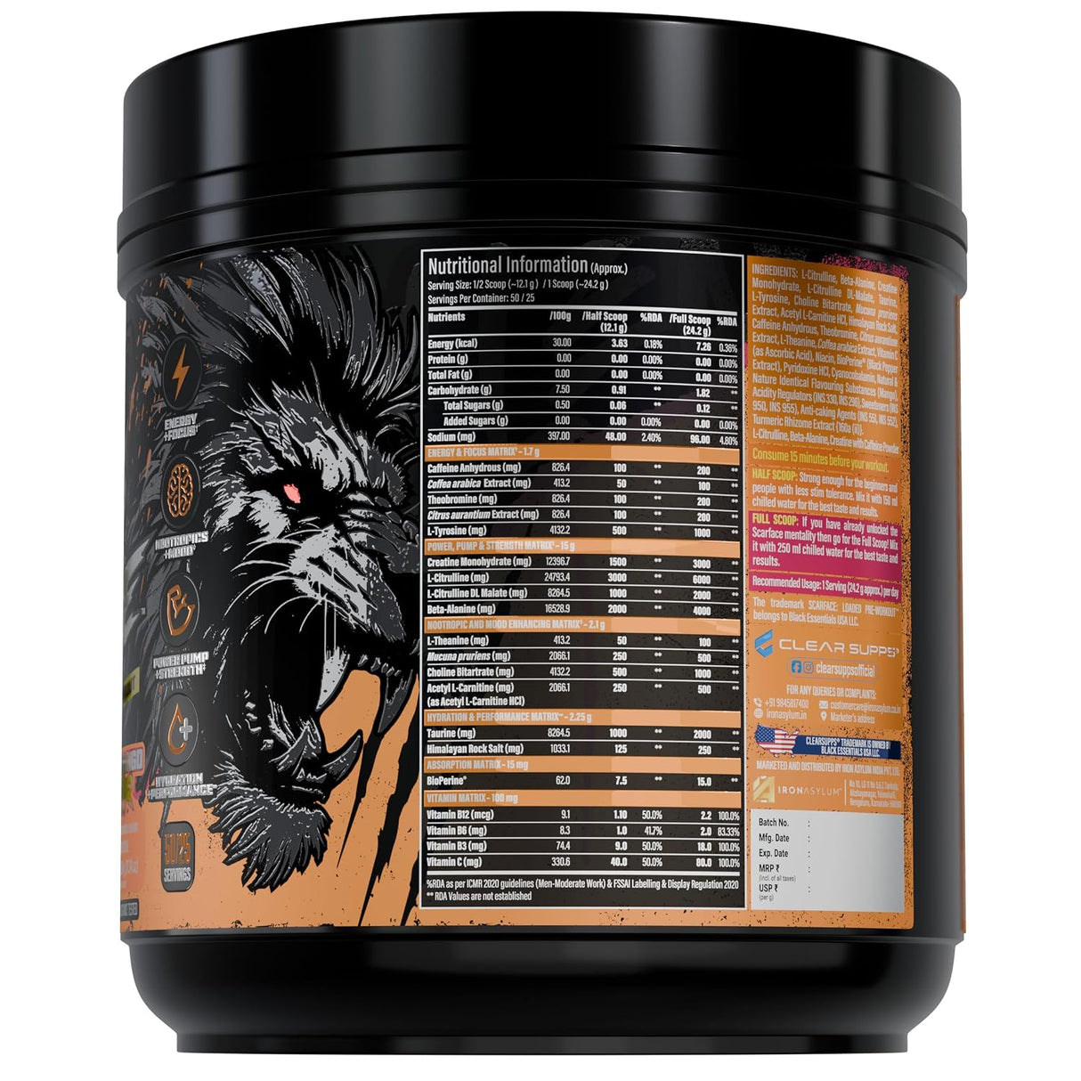 Clear Supps Scarface Fully Loaded Pre-Workout Powder 650g | Creatine, Citrulline & Beta-Alanine | 50 Servings