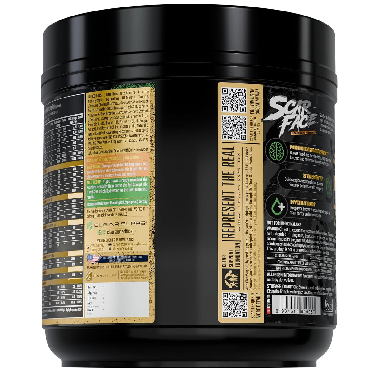 Clear Supps Scarface Fully Loaded Pre-Workout Powder 650g | Creatine, Citrulline & Beta-Alanine | 50 Servings