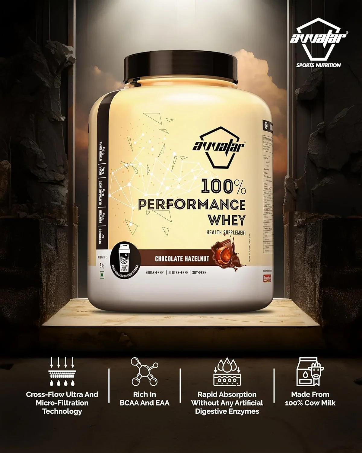 Avvatar 100% Performance Whey 2 Kg + Nutristar Micronized CREA Gold Creatine Monohydrate 250g (83 Servings) - Endurance & Muscle Power Combo