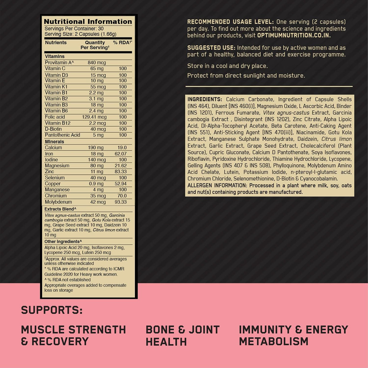 Optimum Nutrition (ON) Opti-Women Multivitamin Plus for Women | 60 Capsules