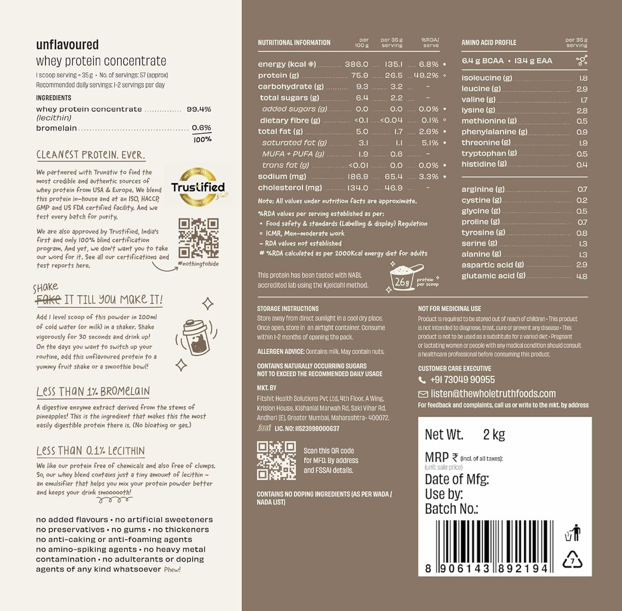 The Whole Truth 26g Whey Protein Concentrate - 2 Kg