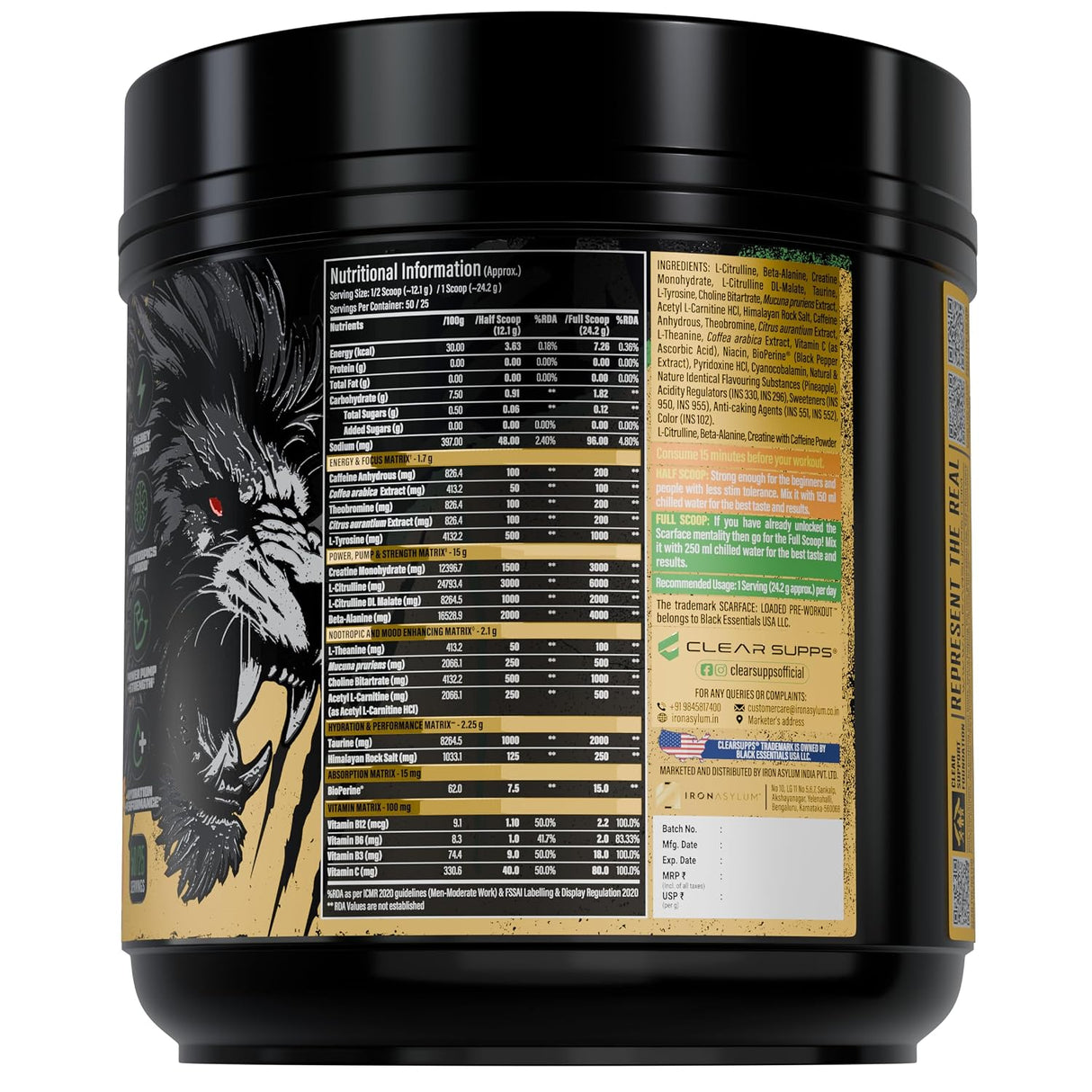 Clear Supps Scarface Fully Loaded Pre-Workout Powder 650g | Creatine, Citrulline & Beta-Alanine | 50 Servings