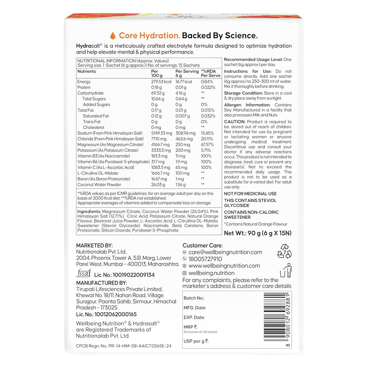 Wellbeing Nutrition HydraSalt Electrolyte Drink with Zero Added Sugar | 5 Electrolytes & 3 Vitamins for Instant Hydration, Energy, Performance & Recovery | 90g, Pack of 15