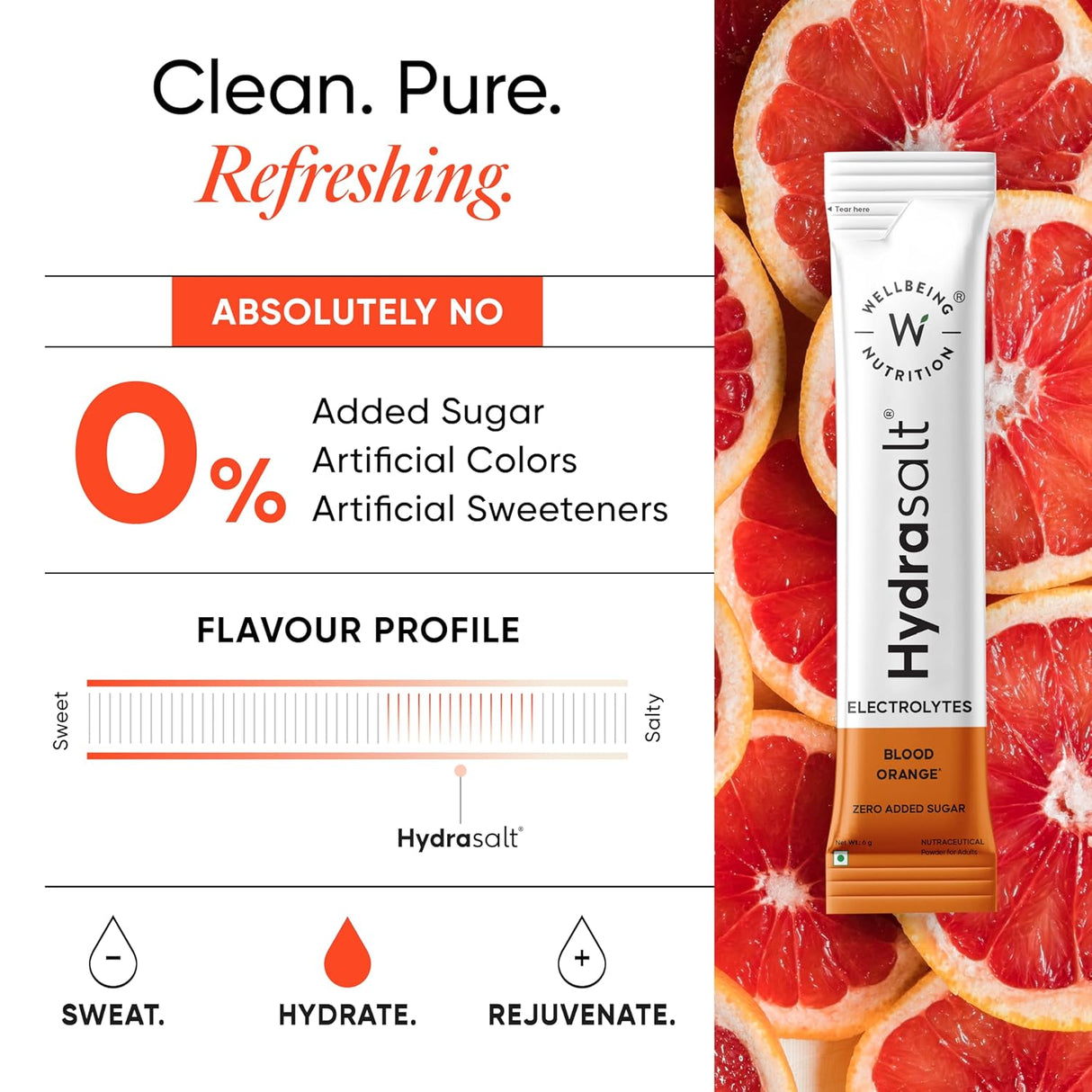 Wellbeing Nutrition HydraSalt Electrolyte Drink with Zero Added Sugar | 5 Electrolytes & 3 Vitamins for Instant Hydration, Energy, Performance & Recovery | 90g, Pack of 15