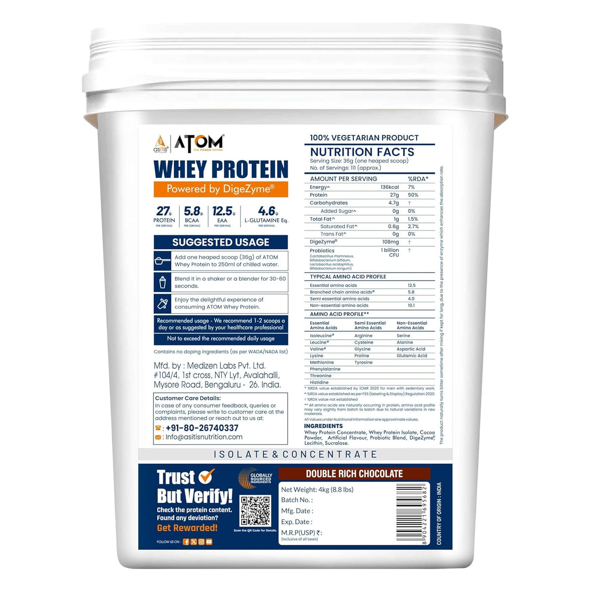 AS-IT-IS Atom Whey Protein with Digestive Enzymes - 4 Kg  (8.8 Lbs)