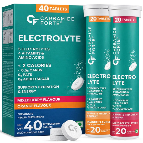 Carbamide Forte Electrolyte Supplement - Zero Sugar | Hydration Support | 20 Effervescent Tablets (Pack of 2)