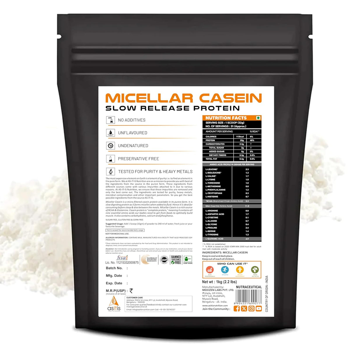 AS-IT-IS Nutrition Micellar Casein Slow Digesting Protein - 1 Kg | 31 Servings