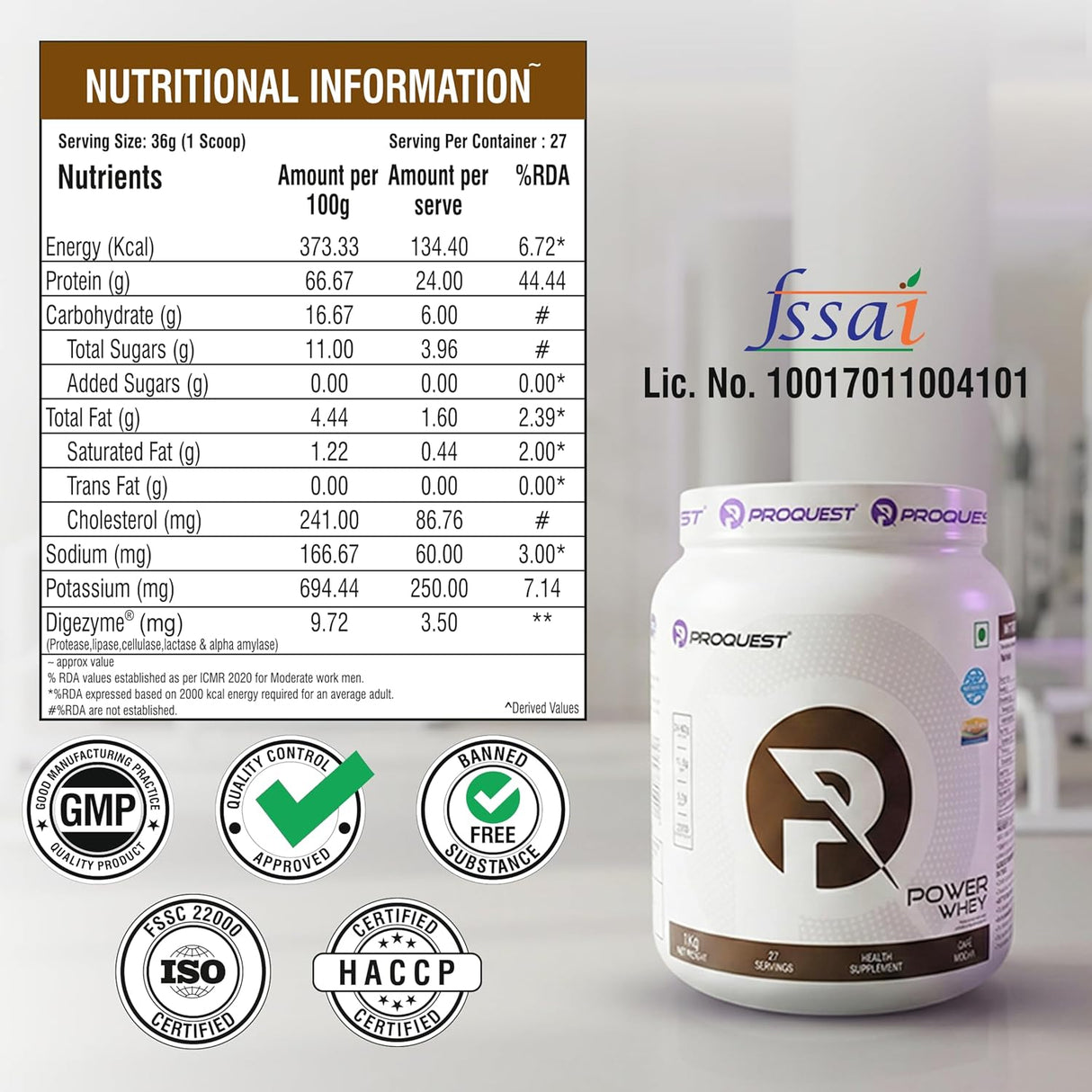 Proquest Power Whey Protein | 24g Protein Per Scoop | 5.3G Bcaa & 11.9G Eaa | Added Probiotics & Digezyme For Fast & Easy Digestion | 1 Kg