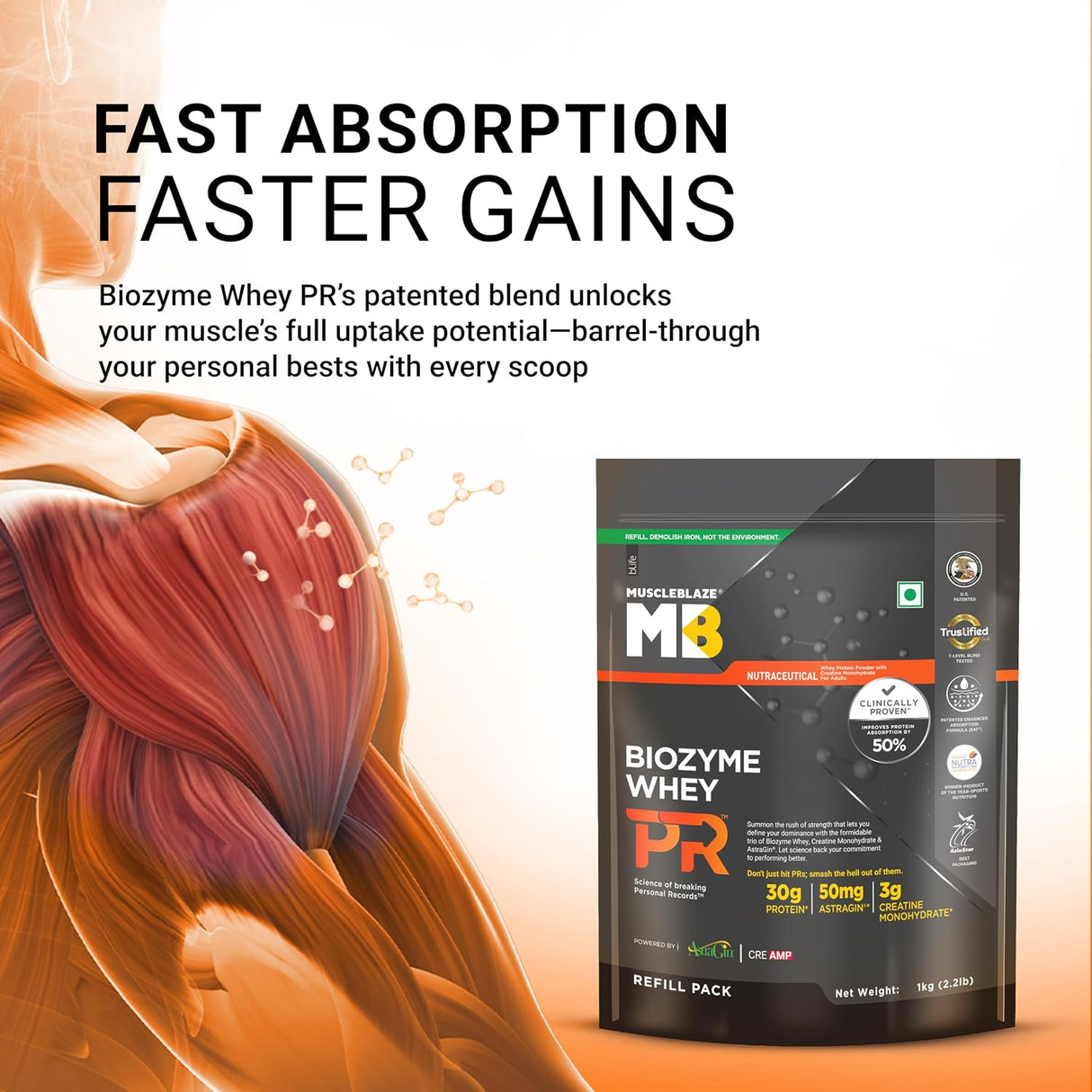 MuscleBlaze Biozyme Performance Whey Protein PR - 2.2 Lbs (Refill Pack)