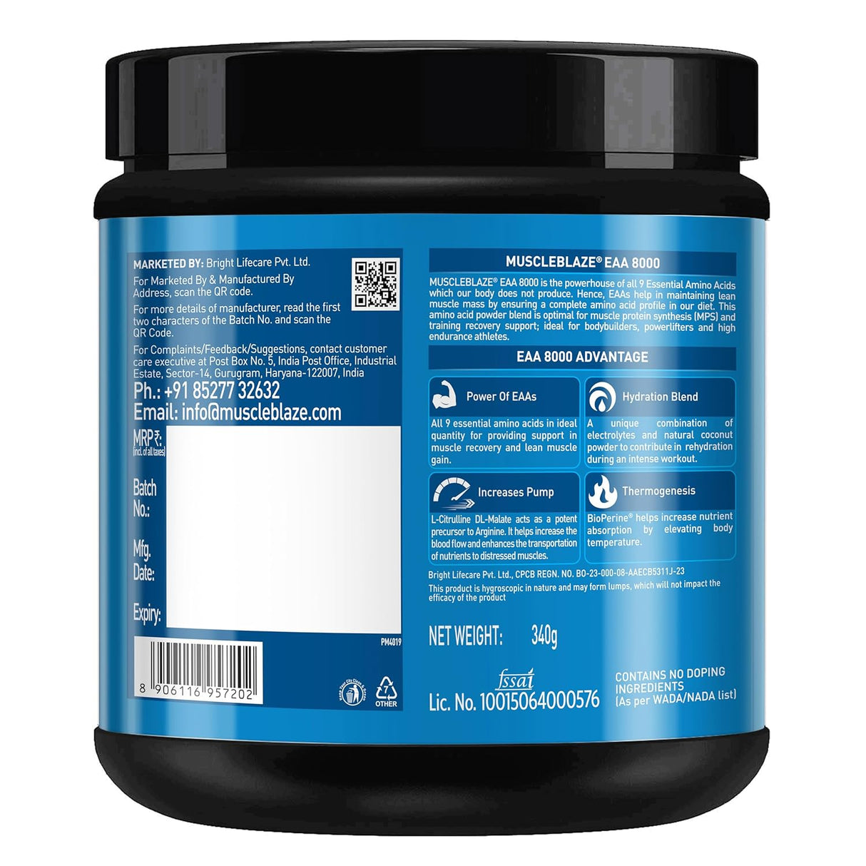 MuscleBlaze EAA 8000 | 1000mg Hydration Blend & 750mg L-Citrulline | 340g, 25 Servings