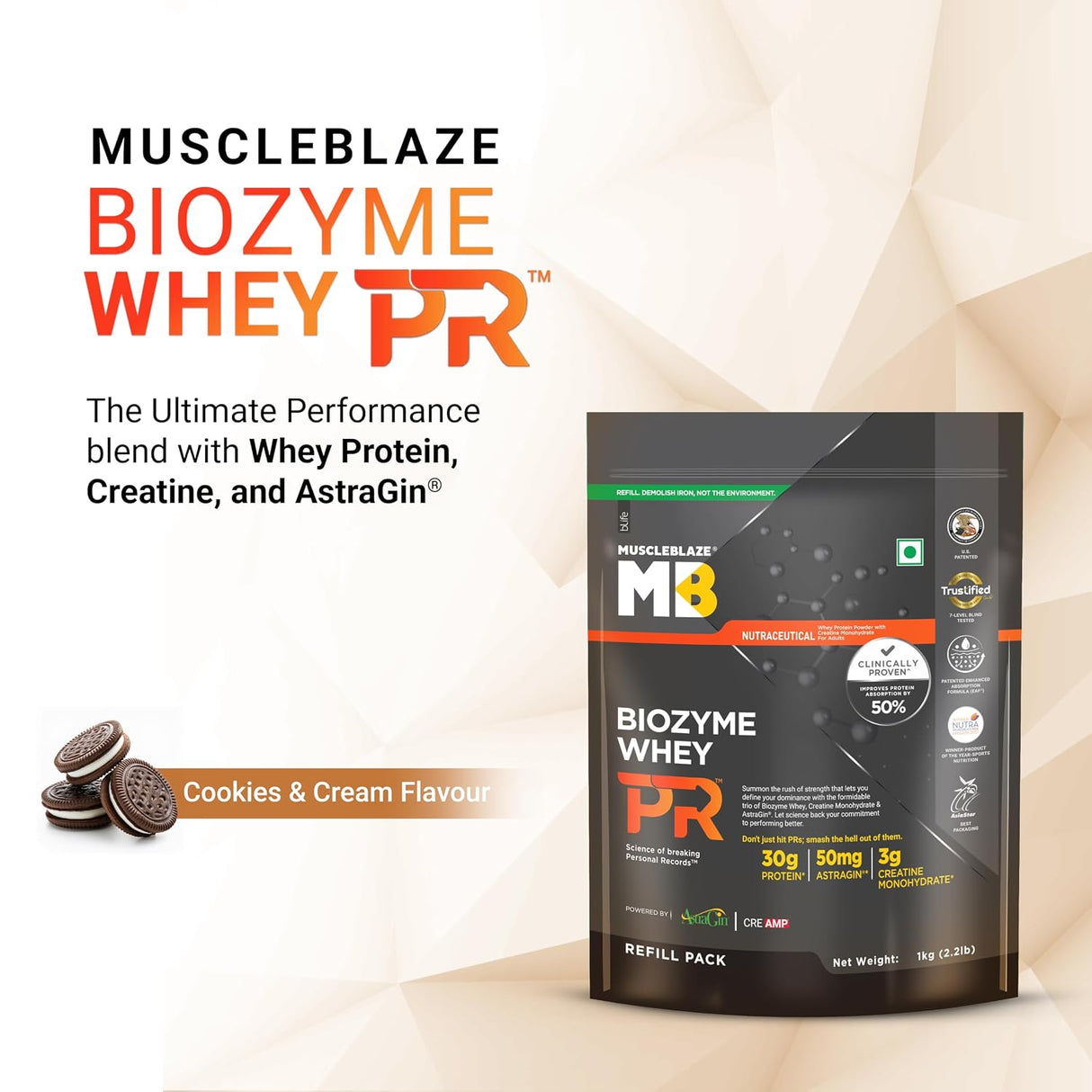 MuscleBlaze Biozyme Performance Whey Protein PR - 2.2 Lbs (Refill Pack)