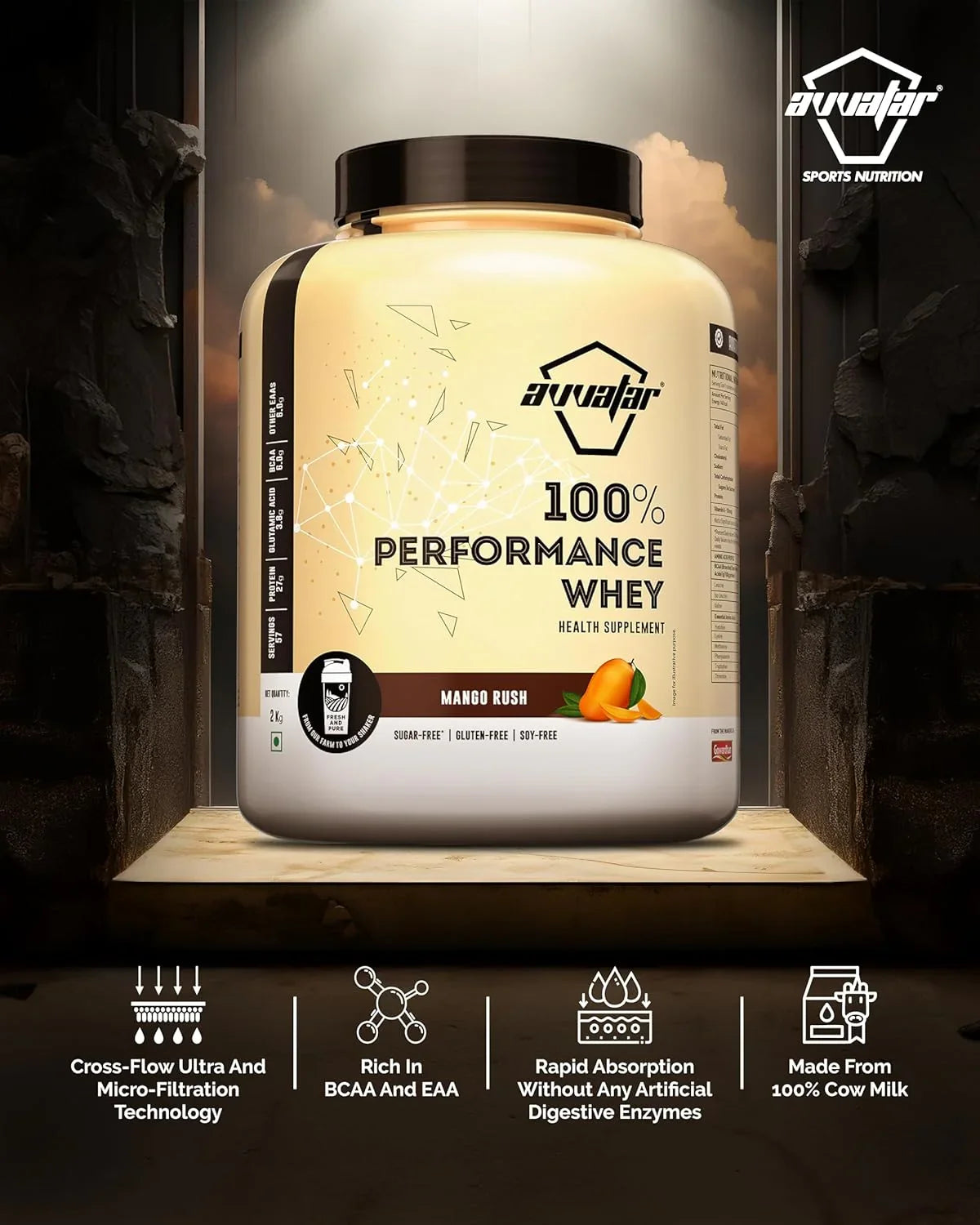 Avvatar 100% Performance Whey 2 Kg + Nutristar Micronized CREA Gold Creatine Monohydrate 250g (83 Servings) - Endurance & Muscle Power Combo