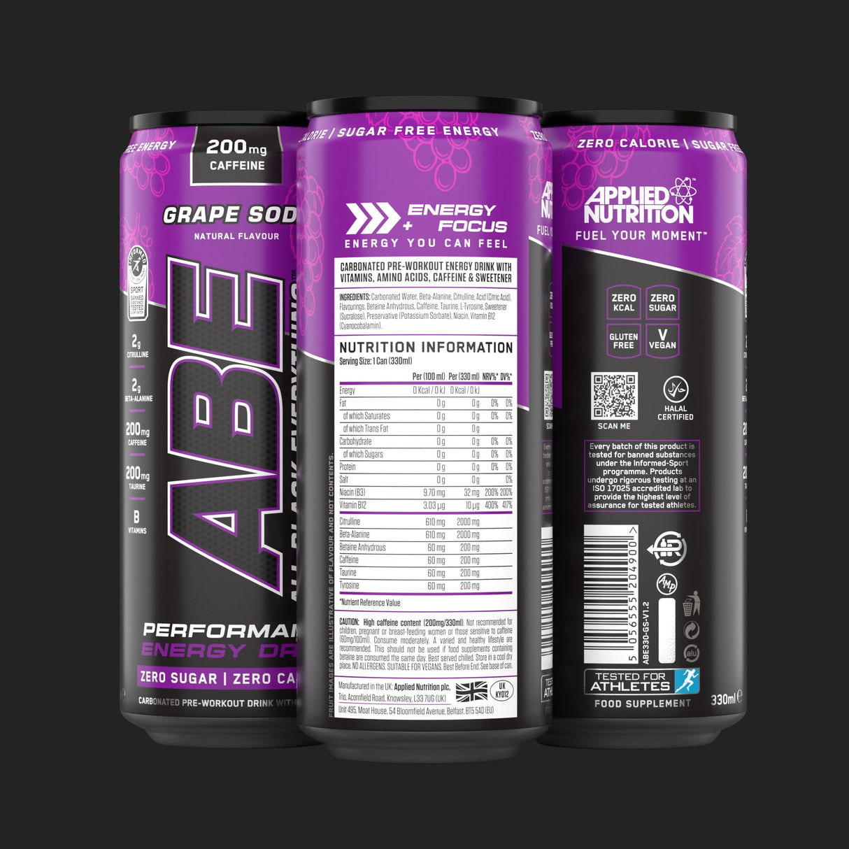 Applied Nutrition ABE Pre-Workout RTD | Sugar-Free Carbonated Drink | 330ml x 12