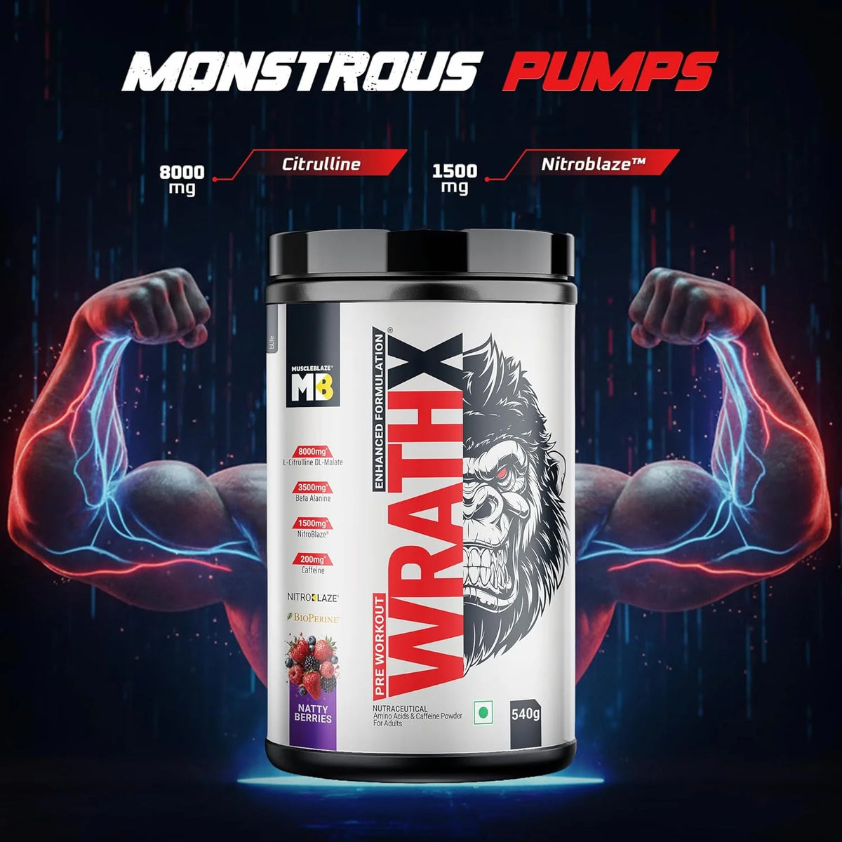MuscleBlaze WrathX Pre-Workout - 30 Servings | Buy 1 + Get MB Shaker Combo Pack