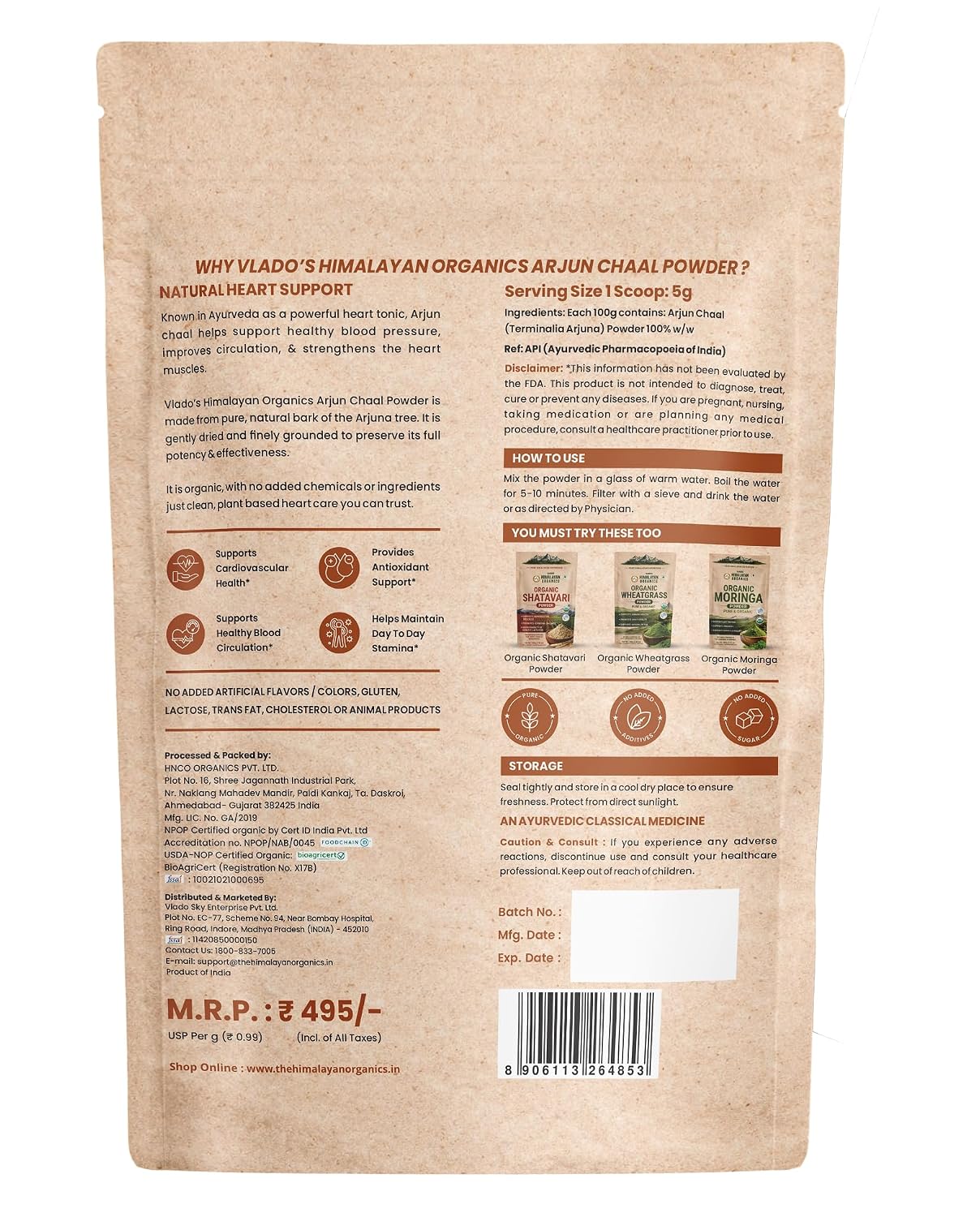 Vlado's Himalayan Organics, Arjun Chaal Powder, Heart Health Support - 500g