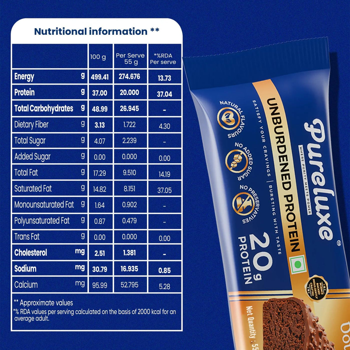 Pureluxe Nutrition Unburdened Protein Bars 55g | 20g Protein | Pack of 6