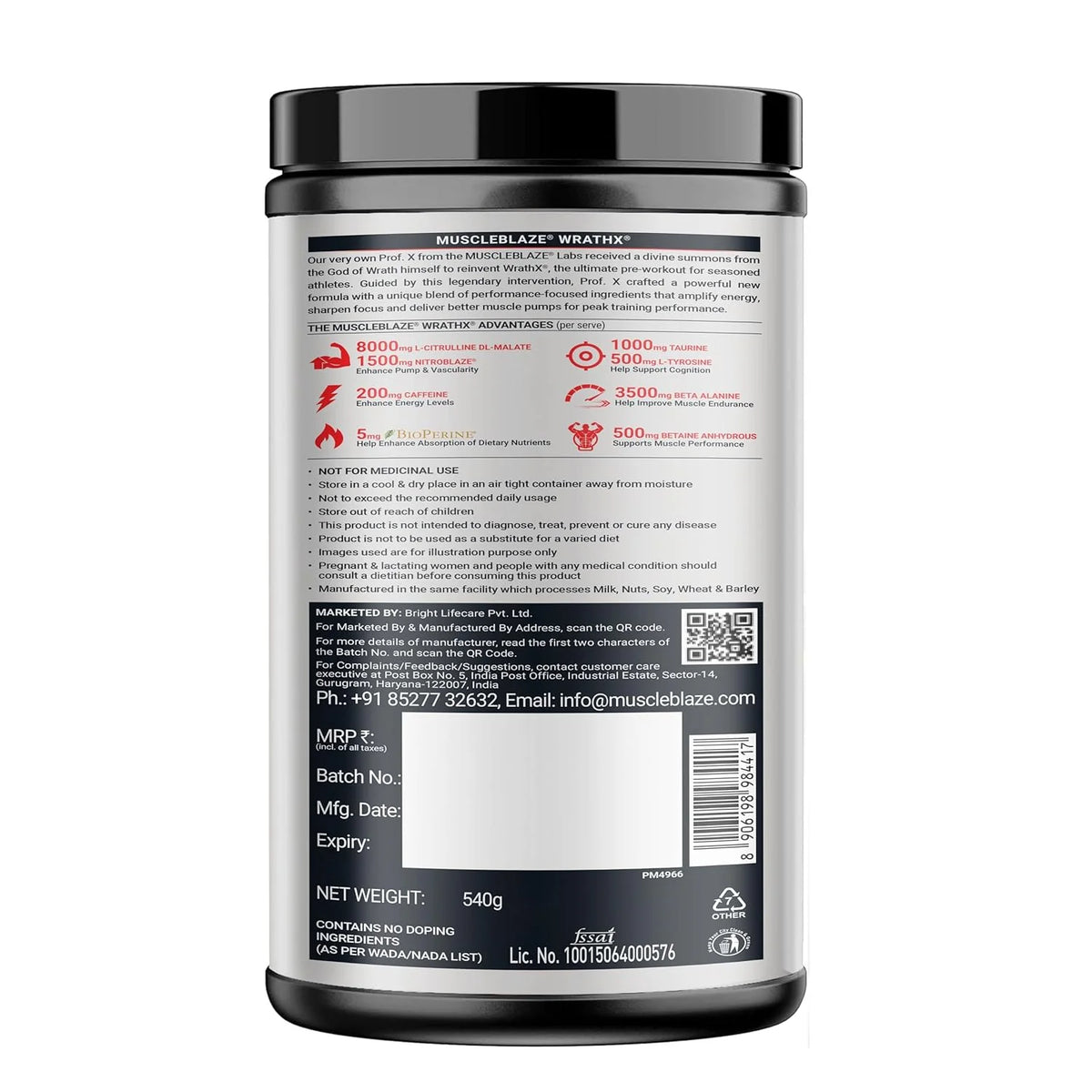 MuscleBlaze WrathX Pre-Workout - 30 Servings | Buy 1 + Get MB Shaker Combo Pack