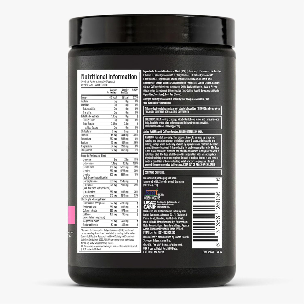 MuscleTech EAA + Energy Powder | Essential Amino Acids with 100mg Caffeine | 30 Servings