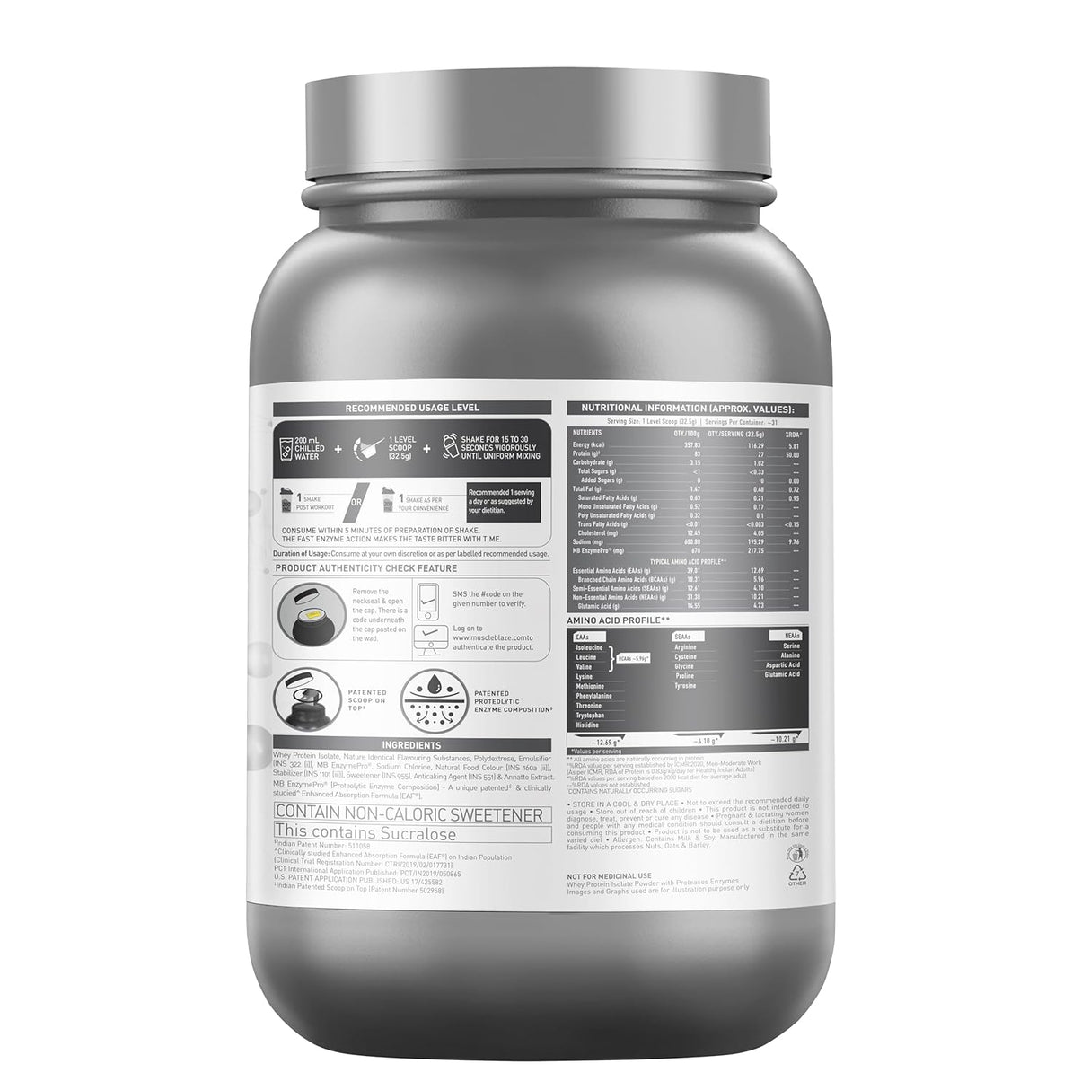 MuscleBlaze Biozyme Iso-Zero Low Carb Whey Protein Isolate - 1 Kg
