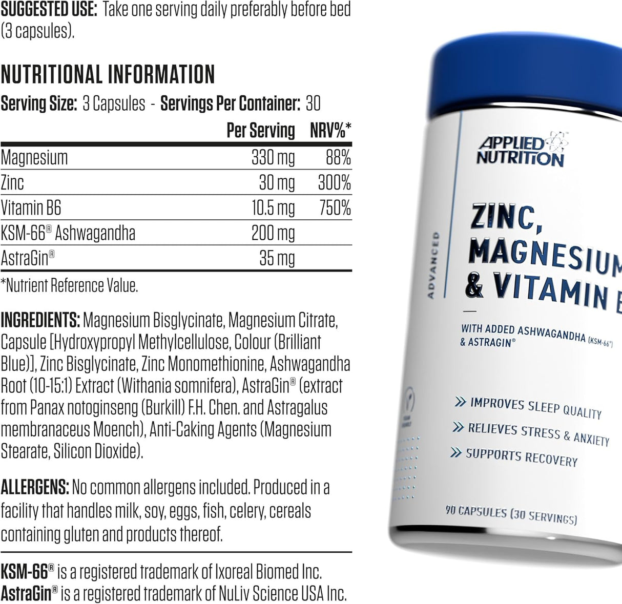 Applied Nutrition ZMA Pro | Zinc, Magnesium, Vitamin B6 & Ashwagandha | 90 Capsules (30 Servings)
