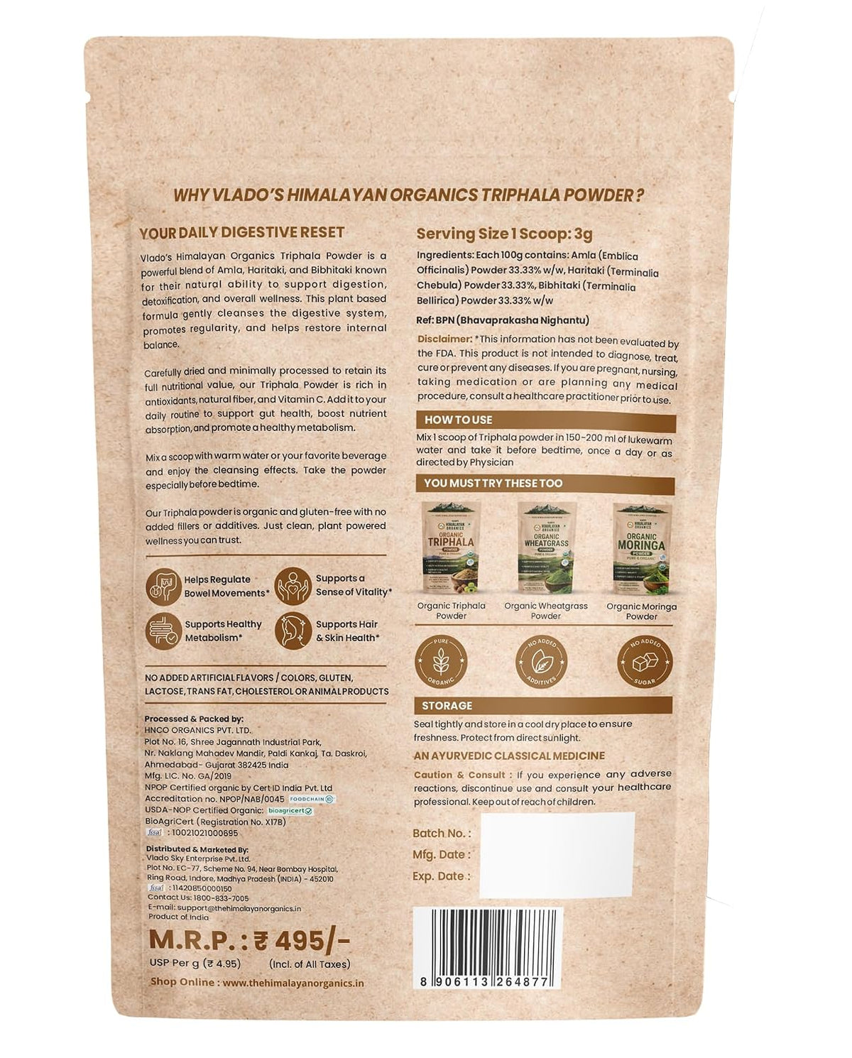 Vlado's Himalayan Organics, Triphala Powder, Gut & Digestion Support - 100g