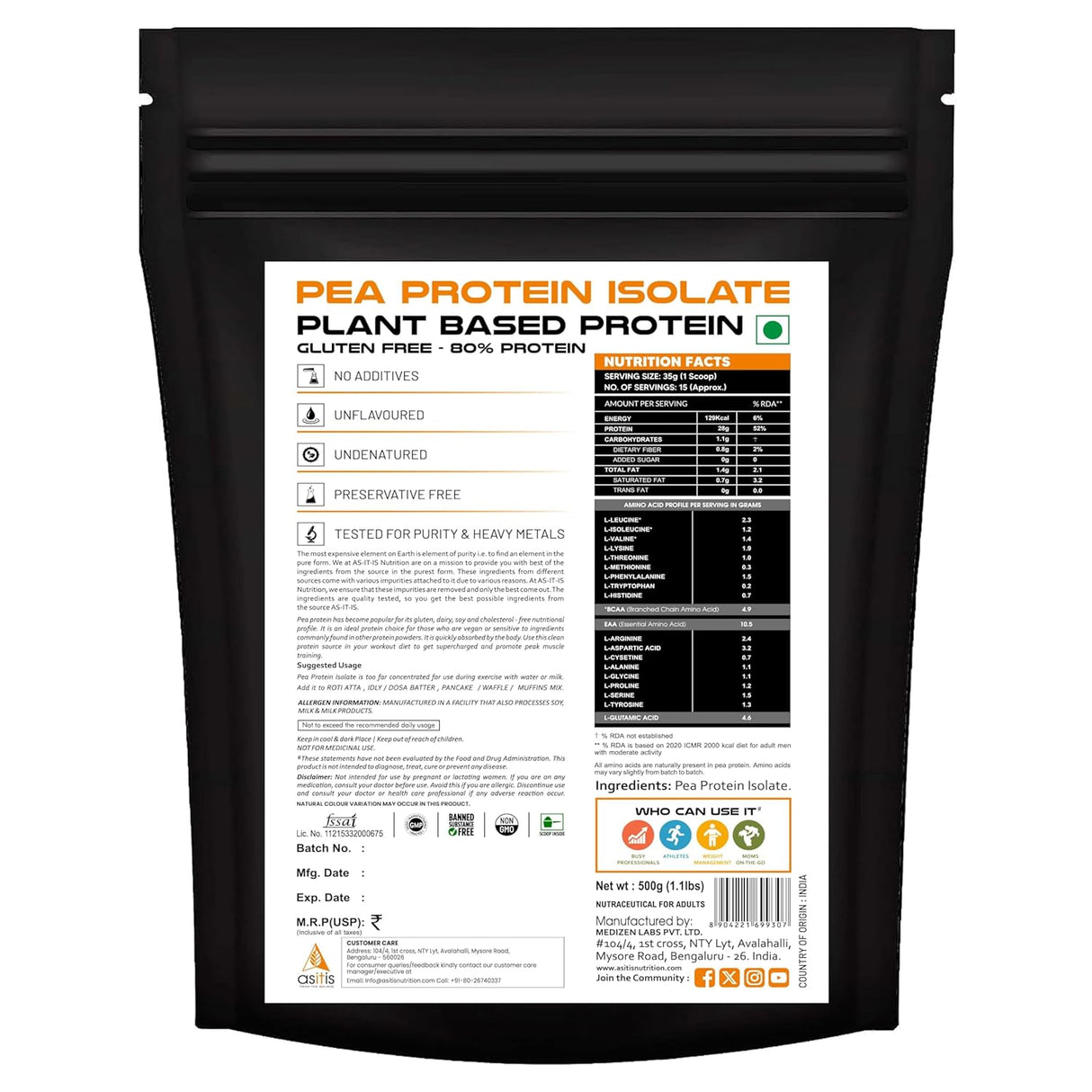 AS-IT-IS Nutrition Pea Protein Isolate - Vegan Protein Source Designed as Meal Supplement - 500 gm