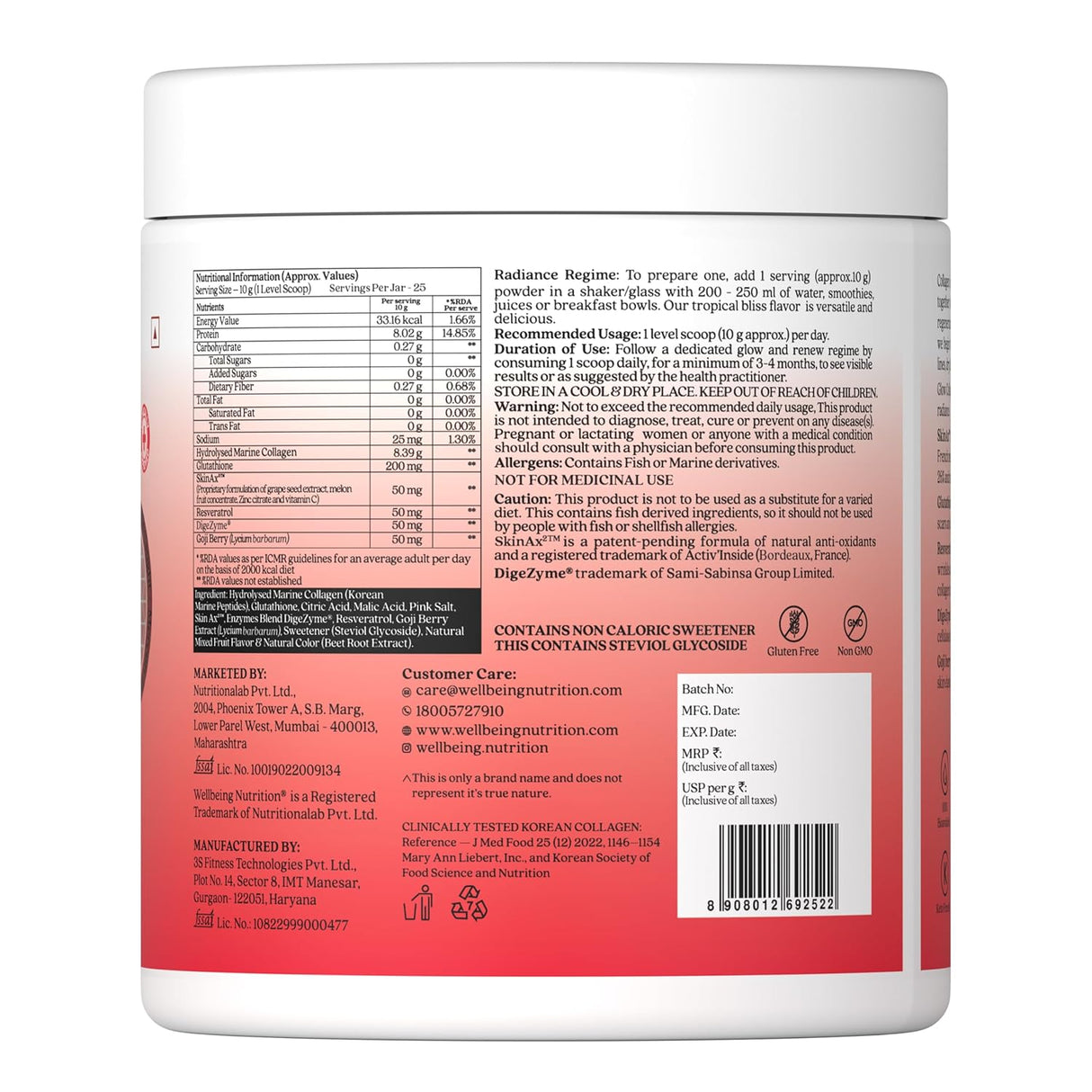 Wellbeing Nutrition Glow Collagen | 25 Servings - 250 Gm