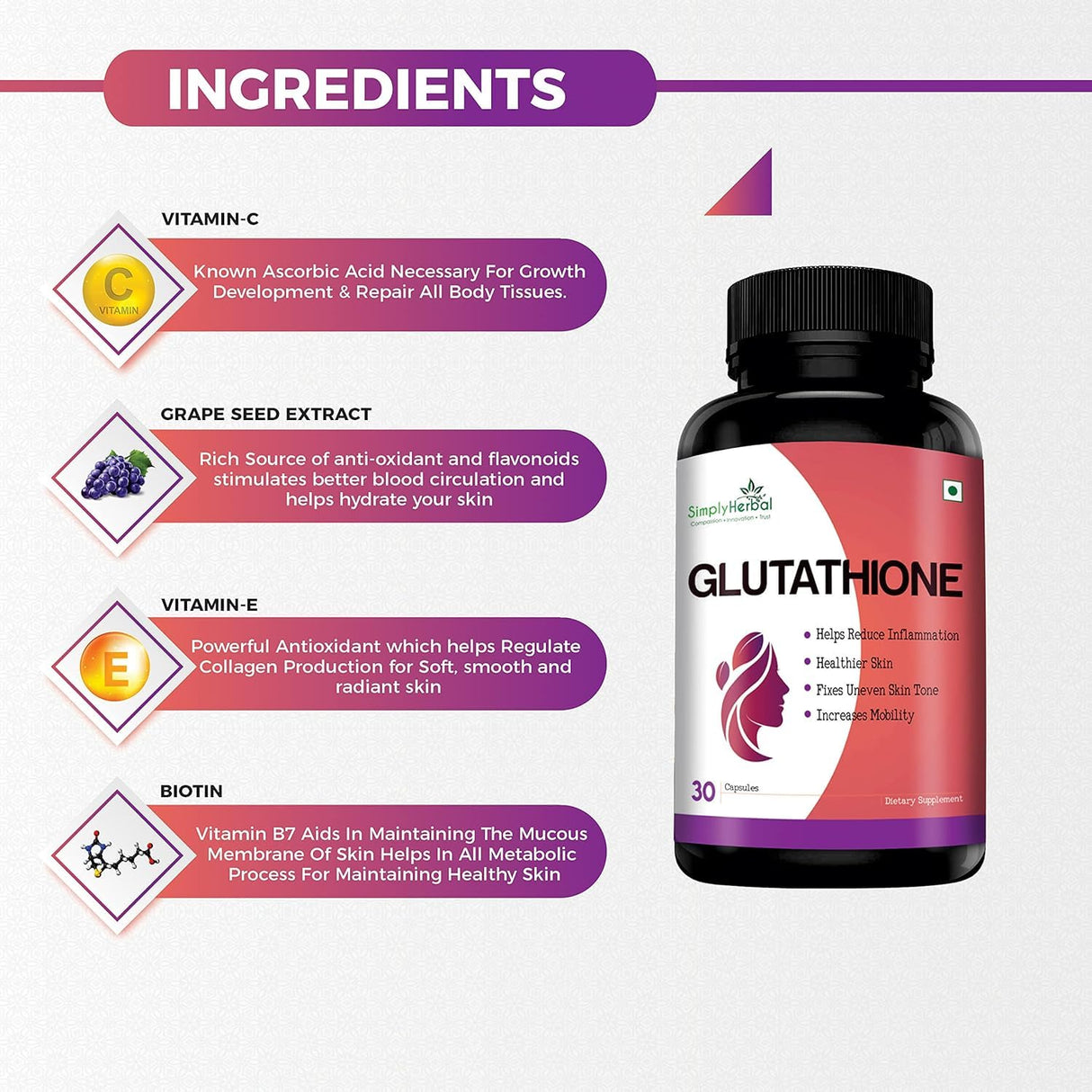 Simply Herbal L-Glutathione 1000mg | Vitamins C & E | 30 Veg Capsules