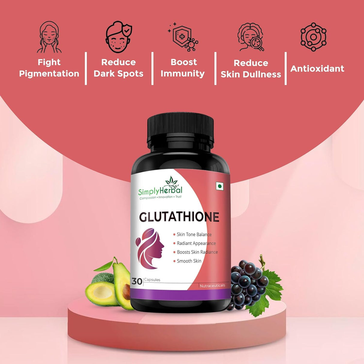Simply Herbal L-Glutathione 1000mg | Vitamins C & E | 30 Veg Capsules