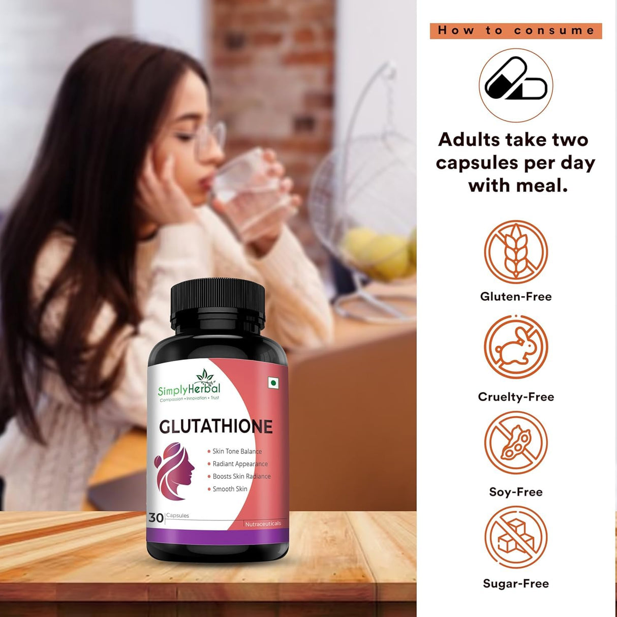 Simply Herbal L-Glutathione 1000mg | Vitamins C & E | 30 Veg Capsules