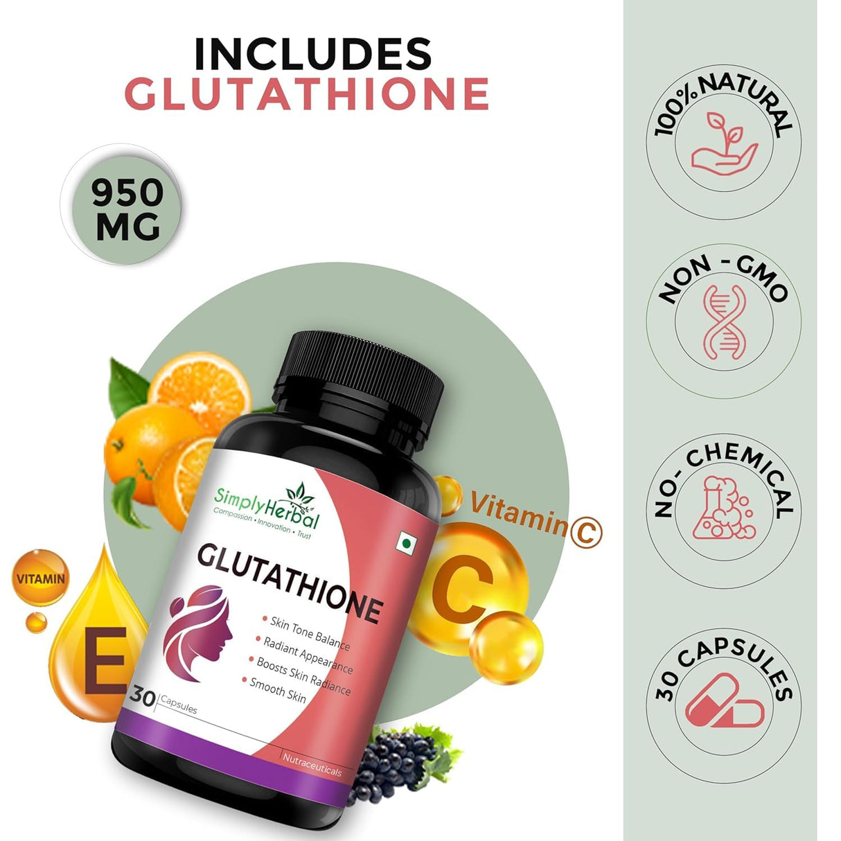 Simply Herbal L-Glutathione 1000mg | Vitamins C & E | 30 Veg Capsules