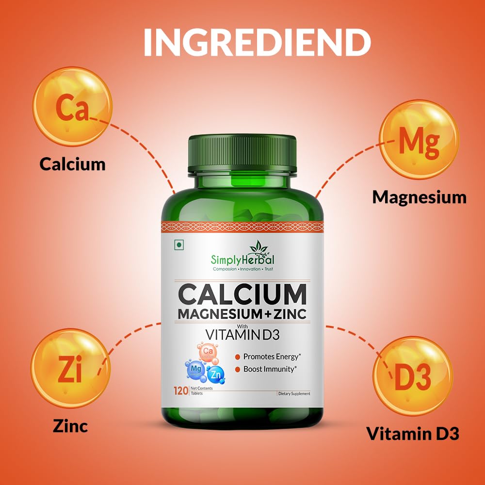 Simply Herbal Calcium Magnesium Zinc | Vitamin D3 & B12 | 120 Tablets