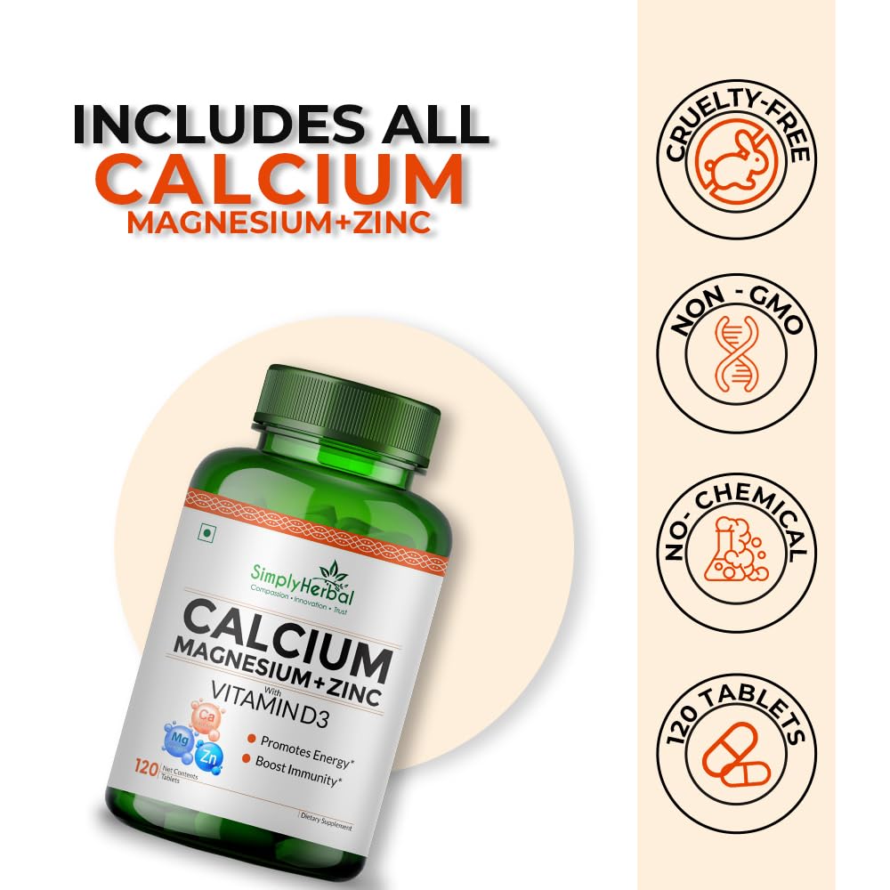 Simply Herbal Calcium Magnesium Zinc | Vitamin D3 & B12 | 120 Tablets