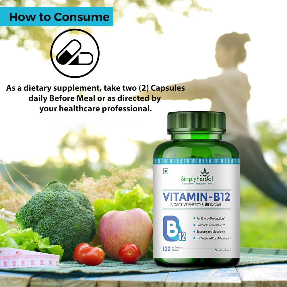 Simply Herbal Vitamin B12 | Cyanocobalamin | 100 Capsules