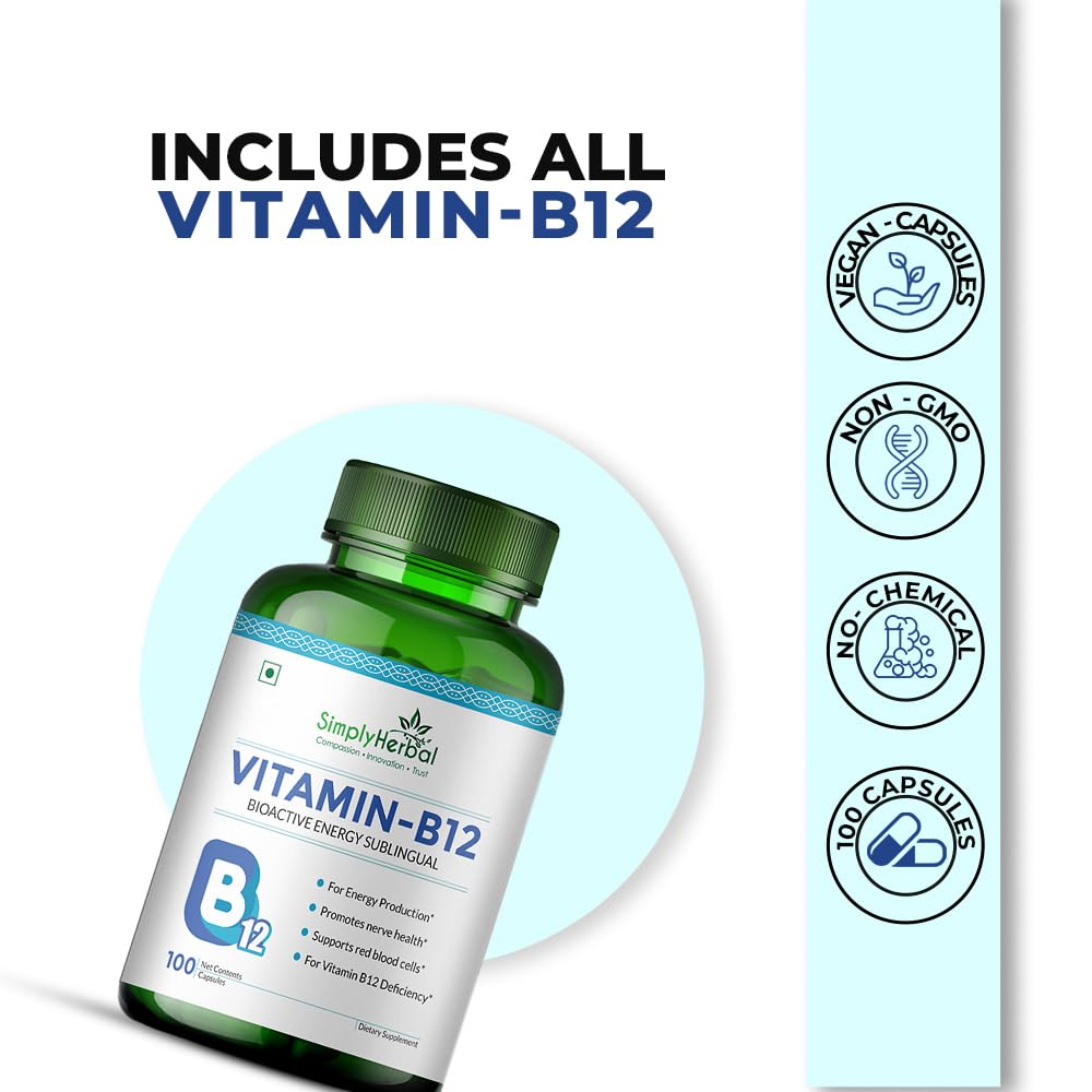 Simply Herbal Vitamin B12 | Cyanocobalamin | 100 Capsules