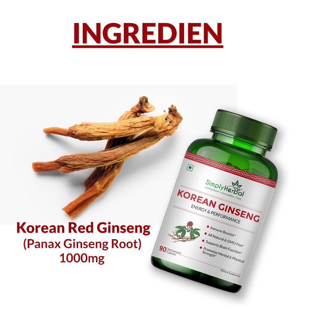 Simply Herbal Natural Korean Red Ginseng | 1000mg | 90 Veg Capsules