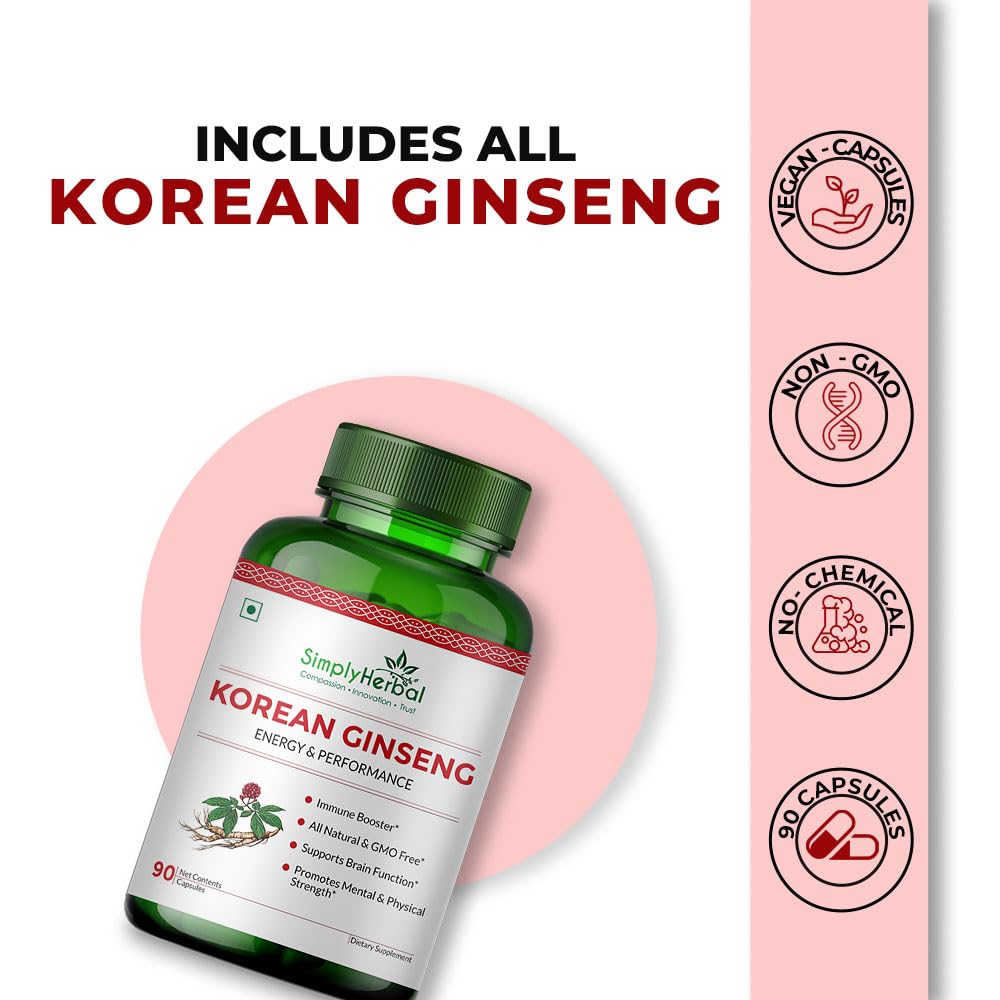 Simply Herbal Natural Korean Red Ginseng | 1000mg | 90 Veg Capsules