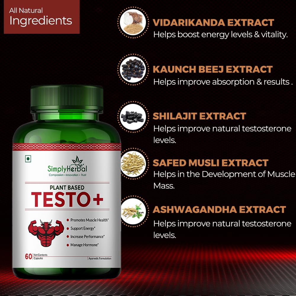 Simply Herbal Testo+ | Kaunch Beej & Ashwagandha | 60 Veg Capsules